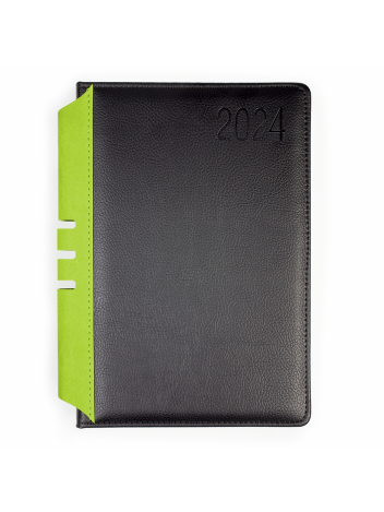Kalendarz terminarz biurowy twardy z miejscem na długopis na rok 2024 - O.DIARY Jowisz - 211 x 156 mm (A5) - czarno-zielony
